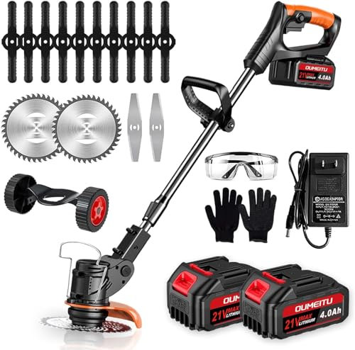 Cordless Strimmer, Electric 21V Grass Trimmers 90° Head Rotation & 6in Cutting Diameter, Garden Strimmer with 2x 4.0Ah Battery & Fast Charger, Metal Blade, Grass Cutter for Clearing Weeds Flower Trees
