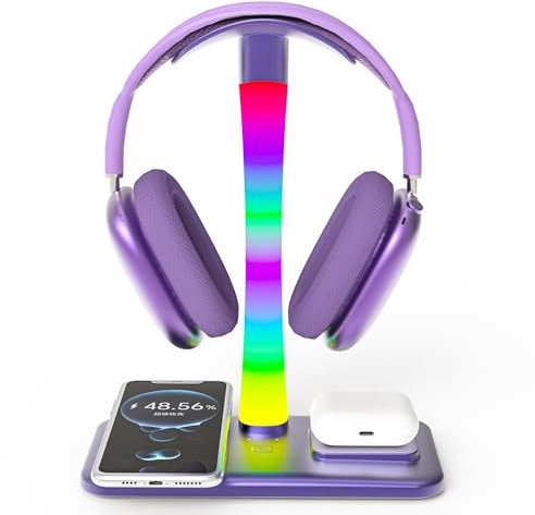 Support de casque avec chargeur sans fil, prise en charge des écouteurs de jeu avec lumière RVB, support pour Airpod Max compatible avec Airpod Pro/3/2, iPhone 16/15/14/13/12/11, cadeaux pour