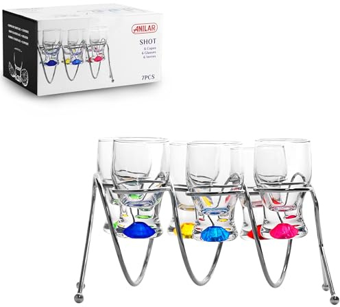 7-tlg. Set Schnapsgläser mit buntem Boden inklusive Metallständer - 40 ml | Pinnchen - Schnapspinnchen - Schnapsbecher - Shotgläser - Shot Gläser