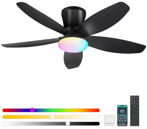 Surtime 92CM Deckenventilator mit RGB Beleuchtung und Fernbedienung/App-Steuerung, dimmbare LED-Deckenventilatoren für Schlafzimmer, Innen-/Außenbereich(Schwarz)