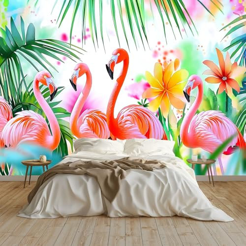 Papier Peint Panoramique Flamant Rose Animal De La Jungle Poster Geant Mural 300x210 cm, pour Salon Chambre Chambre D'enfants Restaurant Décoration Murale, Couleur