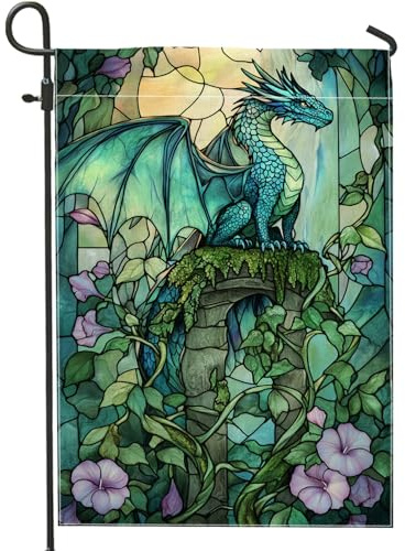 Garten Flagge Mythischer Drache Buntglas Blaugrün Dekorative Fahnen Lustige Verblassen Beständig Sommer Flaggen, Für Feiertage, Veranda, Drinnen Und Draußen, 30x45cm