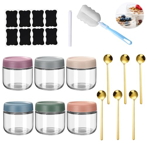 YUNXCNA Einmachgläser, 6 Stück Overnight Oats Gläser, 300 ml Einmachgläser mit Schraubdeckel, Haferbehälter mit Deckel, Wiederverwendbare Glasbehälter mit Deckel, Marmeladengläser Glasbehälter