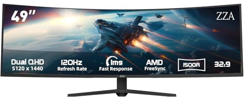 ZZA 49 Ultra Wide Curved Gaming Monitor, 120Hz, DQHD 5120x1440p, 1500R, 32:9 Ultra-Large Screen, MPRT 1ms, HDR, FreeSync G-Sync Compatible, VESA Compatible