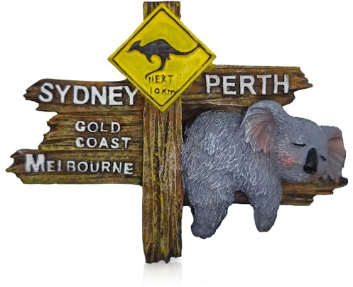 3D Australia Souvenir Fridge Magnet - Sleeping Koala on Rustic Road Sign with Sydney, Perth, Melbourne & Gold Coast - Hand-Painted Polyresin Travel Keepsake (8.3cm x 6.4cm)
