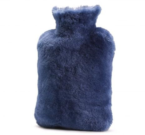 Hot Water Bottle Cover – Genuine Soft Sheepskin Shorn Wool Plush Insulated Cosy Sleeve with Zip Closure - Natural Wool Heat Retention Protector for Home Comfort & Winter Warmth (Navy Blue, Small)