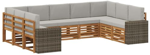 vidaXL Ecksofa Set mit Kissen 9 pcs Natürlich und Hellgrau Polyester, Gartenmöbel, modernes Loungeset, strapazierfähiges Sofa im Freien, gemütliche Sitzgelegenheit für Terrasse und Garten