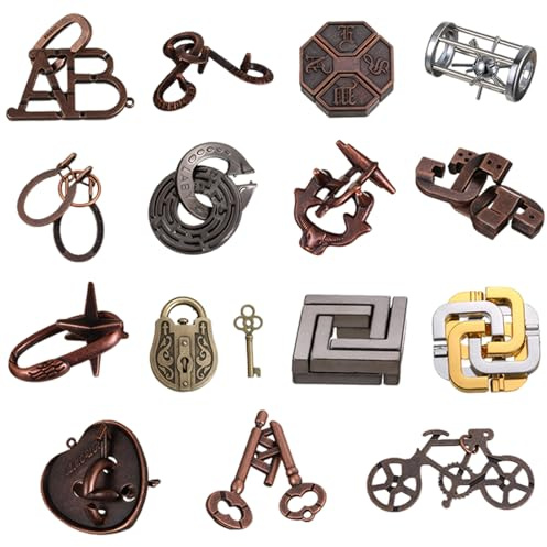 Twin Key Lock Puzzle, 15Pcs Classical Metal Lock Puzzle, Traditional Brain Teaser Puzzles for Games, Unlock Interlock Brain Teaser Toys for Adults & Kids, Metal