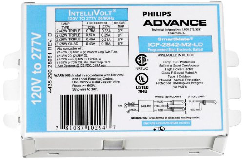 Electronic CFL Ballast for 1-2 24W - 70W CFLs with 2G11; G24Q; GX24Q; GR10Q; 2G11/RS Bases; FC9T5; FC12T5 Lamps Run at 120V/277V (ICF2S42M2LD)