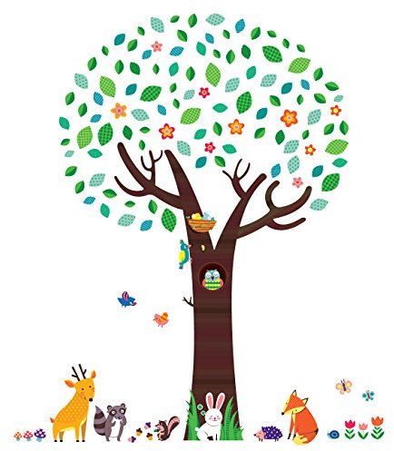Decowall DM-1312N Großer Baum mit Tierfreunden Wandsticker Wandaufkleber Wandtattoo Kinderzimmer