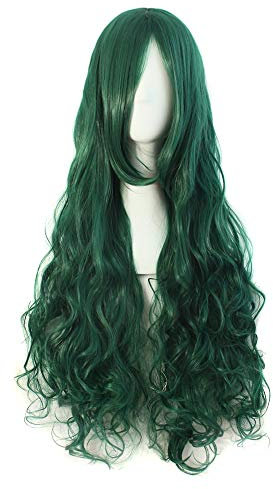 Fouriding 31.5 / 80cm Peluca Larga Cosplay Anime Mujer Pelo Largo Rizado Ondulado Onda Peluca Sintética Diaria Fiesta (Verde Oscuro)