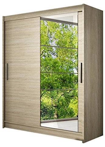 Schwebetürenschrank Presto VI Kleiderschrank mit Spiegel, Modernes Schlafzimmerschrank, Schiebetürenschrank, Garderobe, Schlafzimmer (Sonoma)