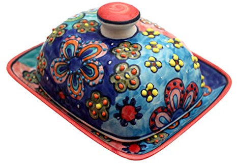 Butterdose mit Deckel Keramik Bunt Handbemalt (Daisy Orange/Rot)