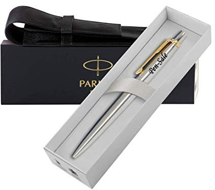 Personalised Engraved Parker Jotter Ballpoint/Fountain Pen/Set in a Leather Pouch, Personalised Gifts For Anniversary, Christmas - Enter Your Custom Text (Gold Trim Black Ink)