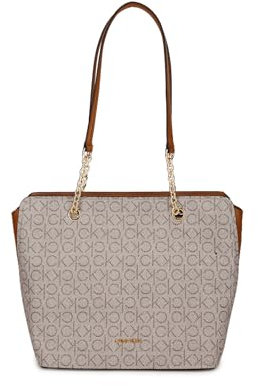 Calvin Klein Damen Hailey Signature Tasche mit Reißverschluss, Texturierte Mandel-/Taupe/Karamell-Linear
