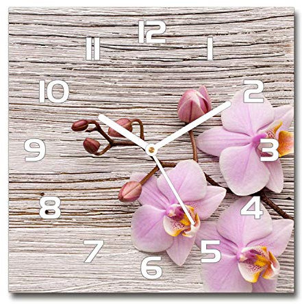 Tulup Glasuhr - 30x30cm - weißen Zeigern - Wanduhr Wandkunst Bild Gehärtetem Glas Uhr Echtglas Küche Wohnzimmer - Orchidee auf Holz
