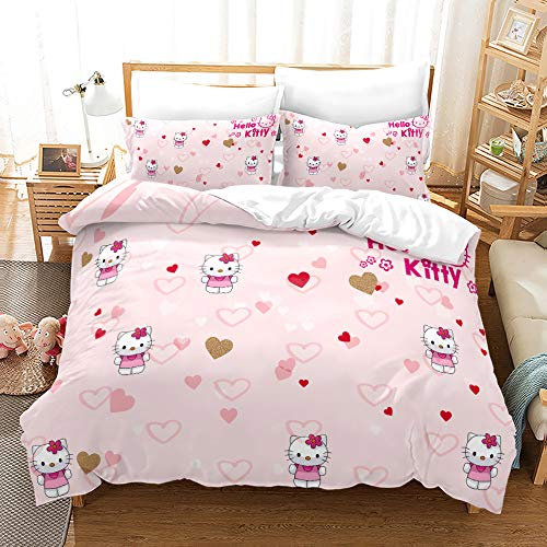 NICHIYOBI Hello Kitty Bettbezug Bettwäsche Set - Bettbezug und Kissenbezug,Mikrofaser,3D Digital Print dreiteiliger Bettwäsche (13,140x210cm)