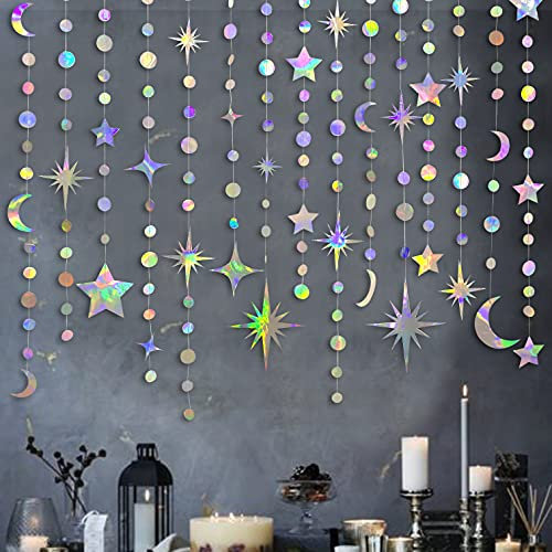 Schillernde Stern-Mond-Kreis-Punkt-Girlande-Party-Dekorations-Set Hängende Halbmond und Twinkle Little Star Streamer Banner für Kinder Erster Geburtstag Ramadan EID Mubarak deko (Iridescent Star Moon)