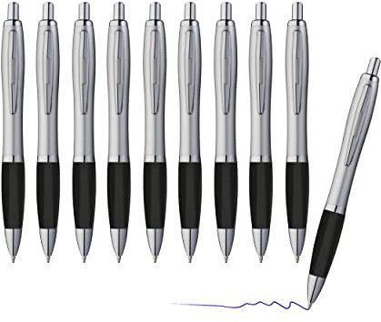 sin4sey 10er Set Kugelschreiber - trendiges Design mit Großraummine blau schreibend (Silber-Schwarz)