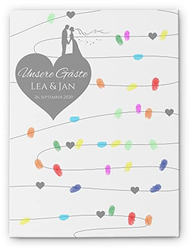 Leinwand Hochzeit Fingerabdruck - Fingerabdrücke Gästebuch mit Herz - Fingerprint Bild mit Lichterkette Herz - mit Namen & Wunschtext selbst gestalten - personalisiertes Hochzeitsgeschenk