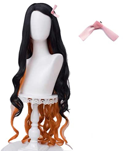 GZIRUE Schwarz Orange Lange Lockige Perücke mit Haarklammer für Nezuko Kamado Wig Cosplay Anime Kostüm with Wig Cap