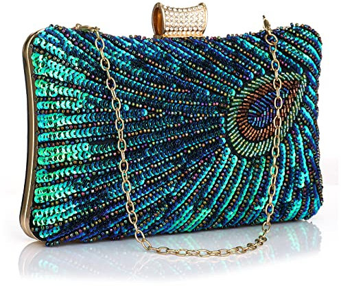 Gelory Pochette da donna, in poliestere, stile vintage, con paillettes, verde scintillante, per matrimoni, serate, cocktail, Verde malachite, Taglia unica
