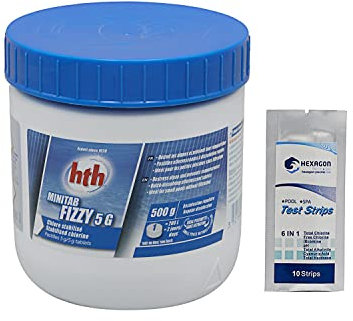 HTH MINITAB Fizzy Pastilles Effervescentes 5g - 500g | Chlore Stabilisé - Désinfection Régulière pour Piscinette - Dissolution Rapide + 10 Tests HPS OFFERTS 6 en 1
