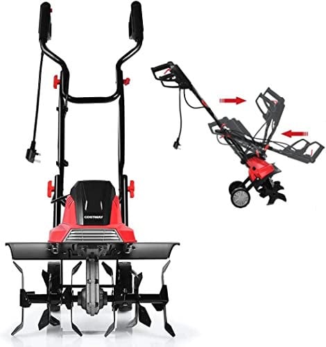 GiantexUK1200W/1500W Electric Tiller, Lawn Soil Scarifier with 4/6 Tiller Blades, Adjustable Wheels & Foldable Handle, Lightweight Garden Cultivator, Rotovator and Rototiller (43, Red+Black)