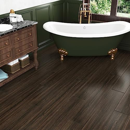 Wallercity Dark Brown Wood Color Self Adhesive Vinyl Flooring 6 X 36 Waterproof for Bathroom Kitchen 32 Piece Set