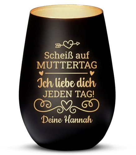 Love Faith Scheiß auf Muttertag Windlicht Schwarz/Gold - Personalisiertes Windlicht für Teelichter mit Namen-Gravur - Geschenk für Mama