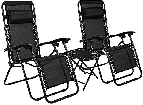 UZOURI Klappsessel Zero Gravity Gartenstuhl, 2 Stück, robuste Textoline-Sonnenliege mit Klapptisch und verstellbarem Kopfkissen für Garten, Terrasse, Camping (schwarz)
