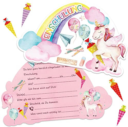 12er Set Einschulung Einladungskarten für Mädchen | Süße Einhorn Regenbogen-Motive | Liebevoll Gestaltet zum Schulbeginn | Ideal für die Einschulungsfeier | Perfekte Art, Freunde & Familie Einzuladen