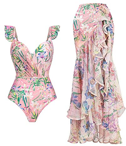 Einteiliger Badeanzug mit Blumenmuster für Damen, Rüschen, langer Strandrock, V-Ausschnitt, Bademode, Vertuschung, Pink+Grün, Large