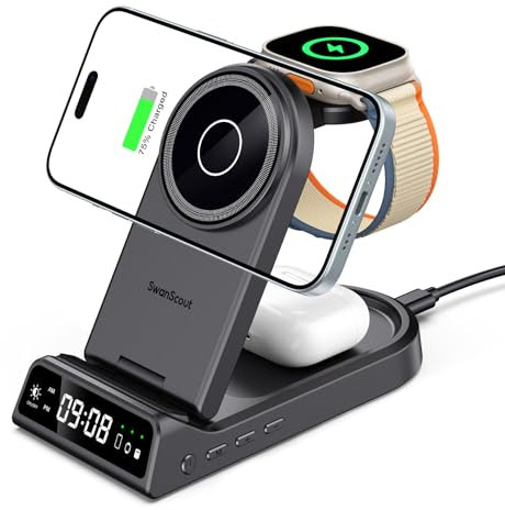 SwanScout Mag-Safe Chargeur Induction, 4 en 1 Station de Charge pour iPhone 16/15/14/13/12 Séries, Chargeur sans Fil Portable pour Apple Watch Ultra 2/10/9/8/7/6/5/4, SwanScout 702M