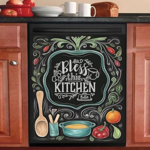 Bless This Kithcen Geschirrspüler-Magnetabdeckung, Vinyl-Aufkleber für Haustür, Bauernhaus-Familie, bedruckt, Küche, dekorative Kühlschrankabdeckungen, Magnetfolie, Kühlschrank-Aufkleber, 58 x 66 cm