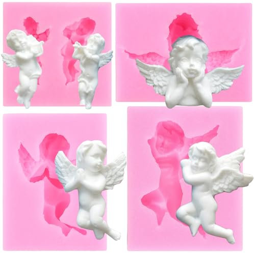 RFGHAC Set di 4 stampi in silicone a forma di angelo, per decorare torte di zucchero, cupcake, caramelle, cioccolato, gomma, pasta polimerica
