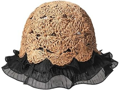 WEIGEER Chapeau de Paille pour Femme - Large Bord Pliable, Soleil de Plage, Été (Paille, Dentelle Noire)