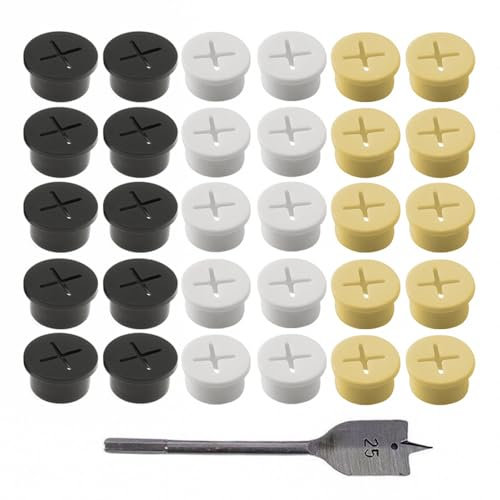 Zasvec Flexibles Silikon Kabeldurchführung 30 Stück Kabeldurchführung Silikon Schreibtisch Gummitüllen Lochabdeckung Kabeldurchführung 25mm mit 1 Bohrer für Schreibtisch (Weiß, Schwarz, Gelb)