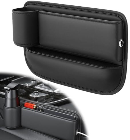 Car Leather Cup Holder Gap Bag,Seat Gap Storage Box,Adjustable Car Seat Storage Box,Leather Cup Holder Gap Bag with Cup Holder for Phones Glasses Keys Cards (Black, Driver's Seat)
