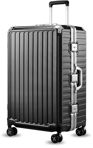 LUGGEX Koffer Groß mit Aluminiumrahmen, Zipperloser Hartschalen-Trolley aus Polycarbonat mit 360° Rollen (Schwarz, 73 cm, 86 L)