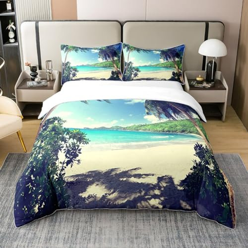 Loussiesd Hawaiian Strand Bettwäsche Set 135x200cm 100% Baumwolle Ozean Meer Bedruckte Betten Set Für Kinder Kleinkind Tropische Palme Bettbezug Set Sommerferien Schlafzimmer Dekor Bettwäsche 2St