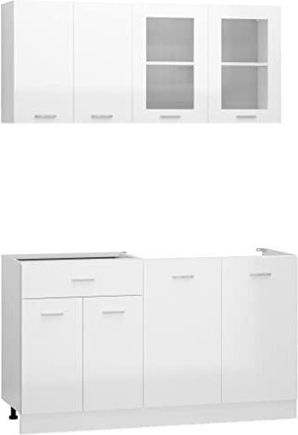 Willood 4-TLG. Küchenzeile Küchenschrank Einbauküche Küchenblock Hängeschrank Spülenunterschrank Schubunterschrank Hängeglasschrank Hochglanz-Weiß Holzwerkstoff
