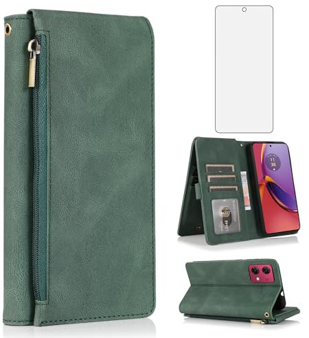 Funda tipo cartera compatible con Motorola Moto G84 5G, protector de pantalla de vidrio templado y cremallera, piel retro, tarjetero, soporte para celular, accesorios para G 84 2023 XT2347-1 XT2347-2,