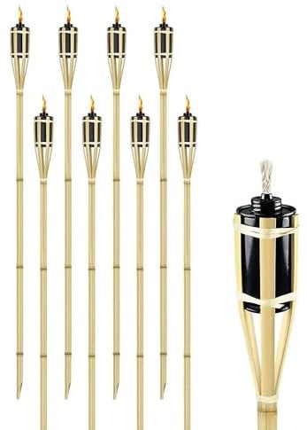Set 8/12 Pezzi Torcia Grande Da Giardino In Bambù XXL Olio Contenitore In Metallo 90/120/150 Cm Lampada Candela Con Stoppino Fiaccola Torcie Esterno Feste Eventi - 8 Pezzi 150 Cm