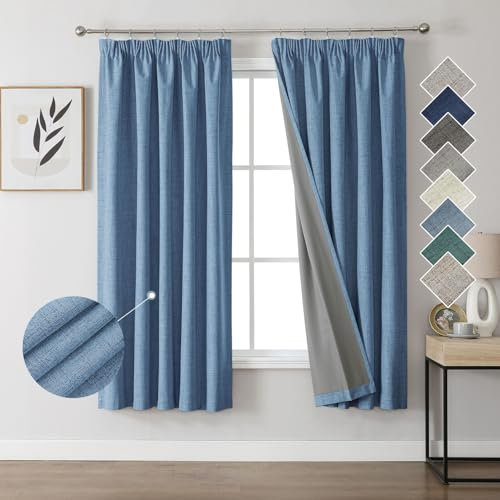 Joydeco 100% Verdunkelungsvorhänge Leinen Gardinen mit Kräuselband 2er Set H175xB140cm Wathet, Thermovorhang Kälteschutz Blickdicht Schallschutz Ideal für Wohnzimmer passt zu Schienensystemen