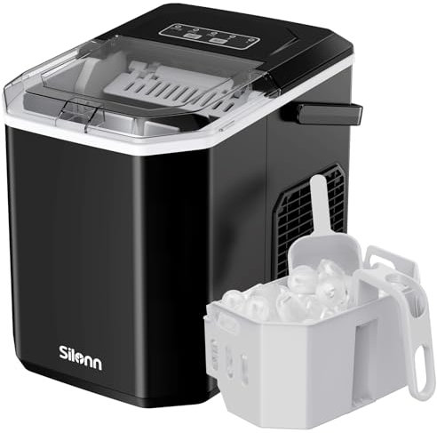 Silonn Portable Ice Maker Countertop, Self-Cleaning Ice Machine with Carry Handle, Includes Basket & Scoop, Produces 9 Ice Cubes in 6 Minutes, 12KG Daily Capacity, Ideal for Home Camping and RVs