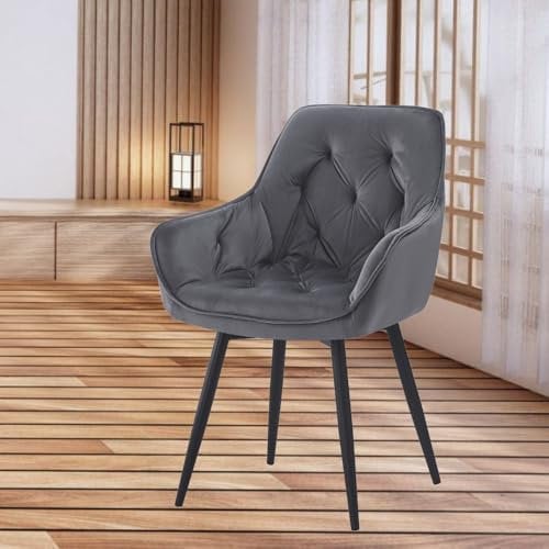 LEBENSwohnART Design Drehstuhl UDINA dunkel-grau Samt Armlehne gepolstert Ziersteppung Schwarze Metallbeine Chesterfield