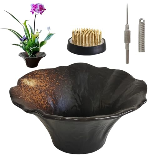 WEOPYCJ Japanese Ceramic Ikebana Kit, Floral Shaped Vase Arranging Supplies, Black Arrangement Bowl with Flower Frog Pin Cleaning Needle (High)