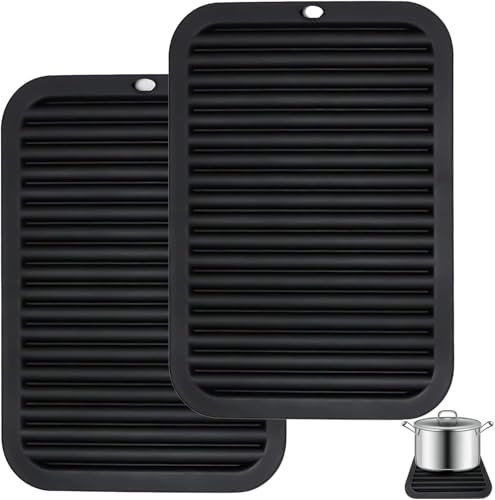 Abtropfmatte Geschirr Silikon, Silikon Untersetzer,Hitzebeständige Matte,Silikonmatte Hitzebeständig bis 230°C, Geeignet für Küche, Bad, Wohnzimmer,30 × 23 cm(2Stück,Schwarz)