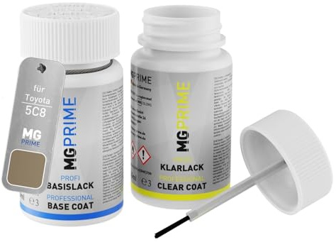 MG PRIME Autolack Lackstift für Toyota 5C8 Sand/Trail Dust + Klarlack | Set aus Basislack + Klarlack, Lackfläschchen mit Pinsel, je 50ml